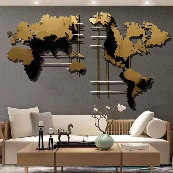 1200mm Modern 3D Gold & Black Metal World Map Home Wall Decor Art in Living Room