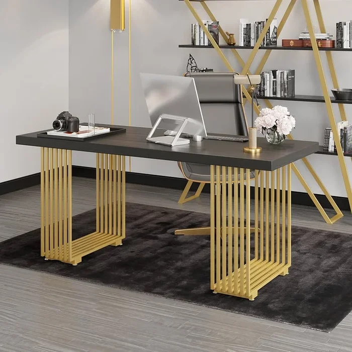 1800mm Rectangular Modern Home Office Desk with Solid Wood Table Top and Shelf Gold Leg