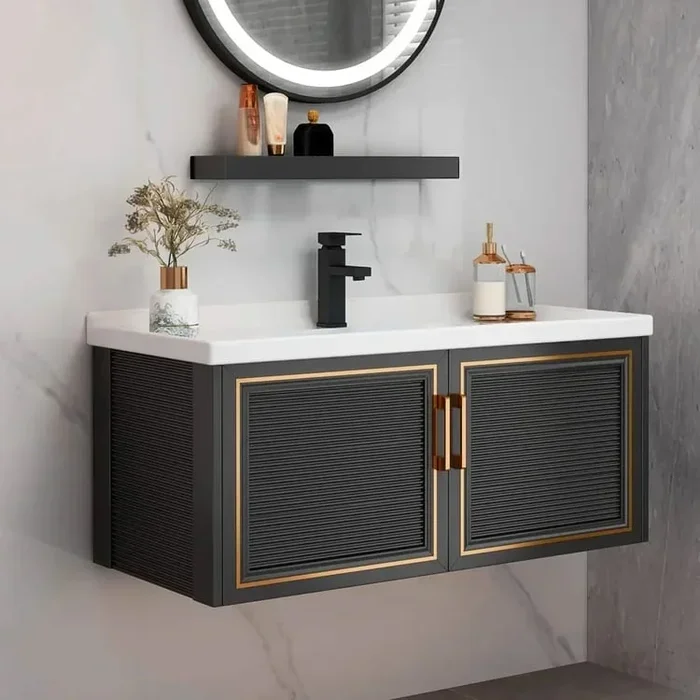 36″ Black Wall-Hung Bathroom Vanity Cabinet with Ceramic Drop-In Basin & Gold Pull | homary