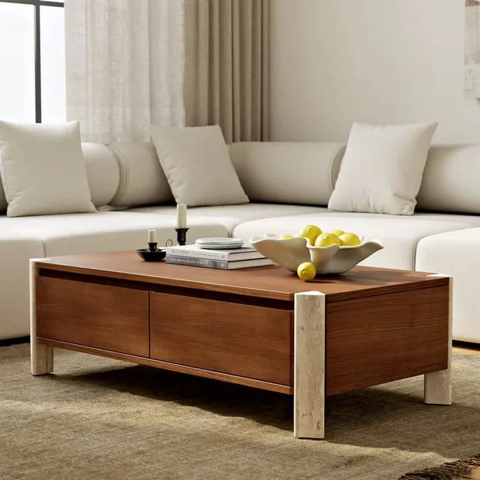 47″ Acacia 2 Drawers Storage Coffee Table with Concrete Legs