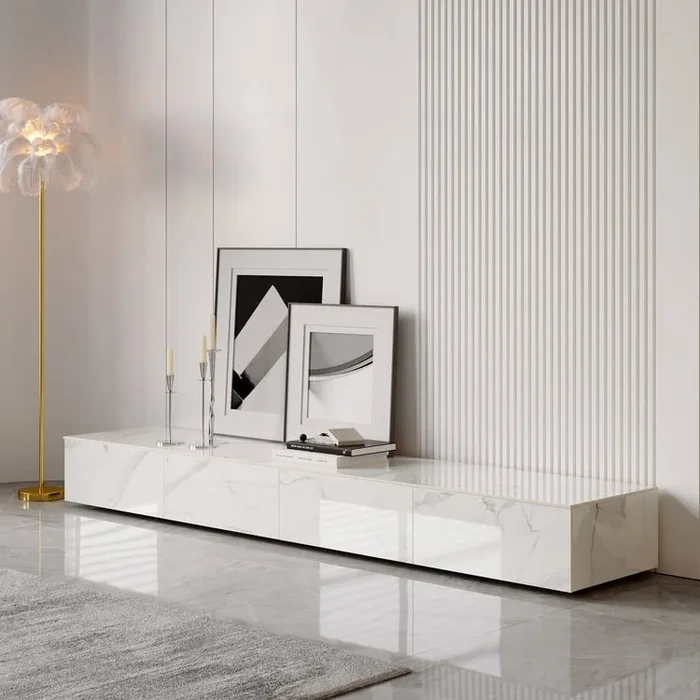79″ White TV Stand, Modern Media Console with Sintered Stone and 4 Drawers