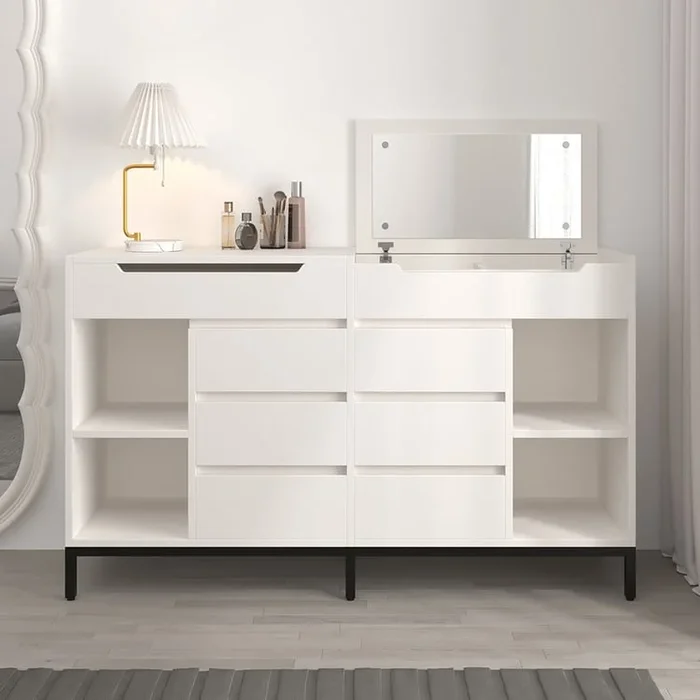 8 Drawer 1500mm Modern White Double Dresser Wide Cabinet with Flip-Top Mirror & Shelves
