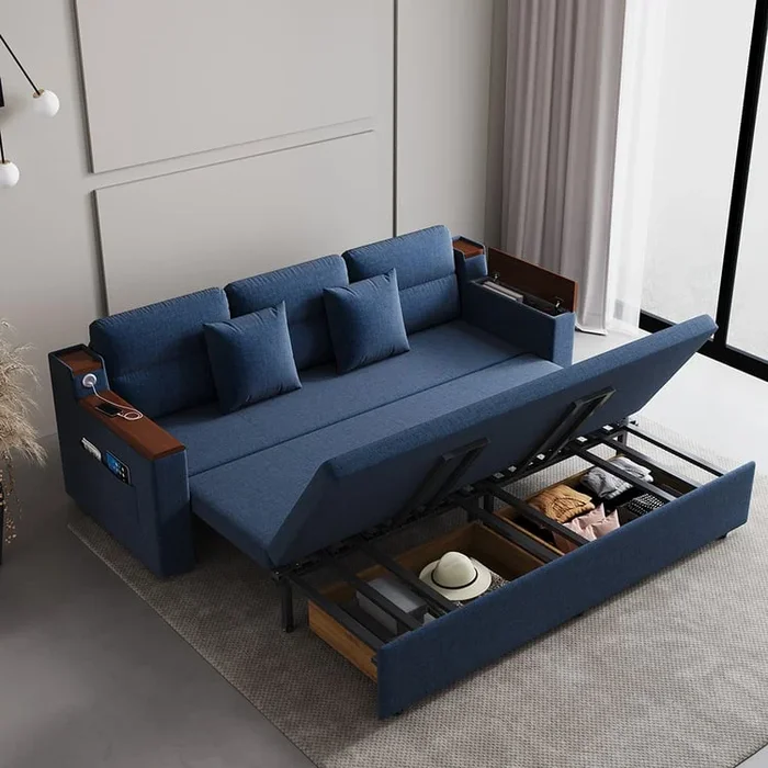 83″ Linen Convertible Sofa Bed Blue Full Sleeper Sofa with Storage and Side Pockets