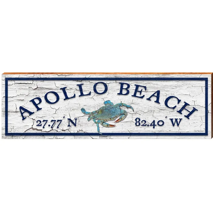 Apollo Beach Blue Crab White Latitude Longitude | Wall Art Print on Real Wood