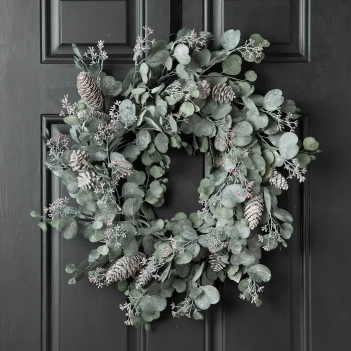 Candlelit Evenings – Faux Dusty Green Silver Dollar Eucalyptus & Pinecone Christmas Front Door Winter Wreath