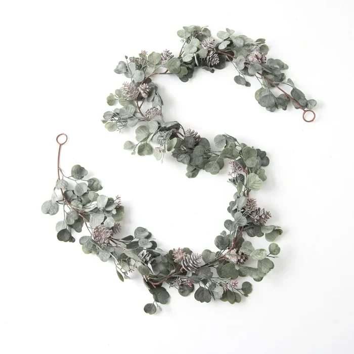 Candlelit Evenings – Faux Dusty Green Silver Dollar Eucalyptus & Pinecone Christmas Mantel Garland or Winter Table Runner