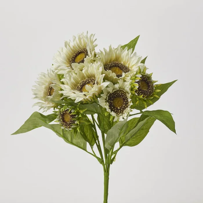 Cream Sunflower Head & Leaf Foliage Silk Faux Floral Bush Bouquet – 22″