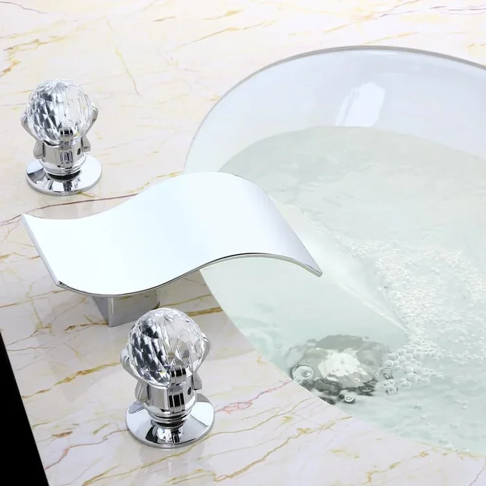 Deck Mount 3-Hole Waterfall 2 Crystal Handle Bathroom Basin Tap Solid Brass