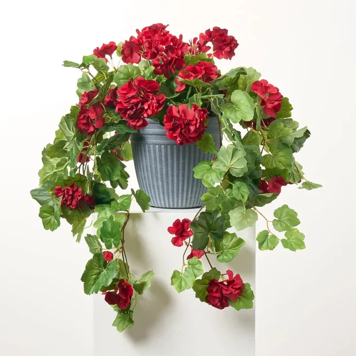 Draping Red Geranium Bush Lifelike Outdoor Faux Floral Urn Filler Arrangement