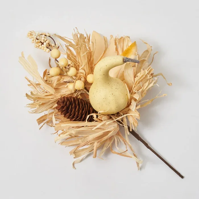 Dried Look Bleached Wheat Straw with Faux Gourd, Pinecone & Berry Fall Pick – 13″