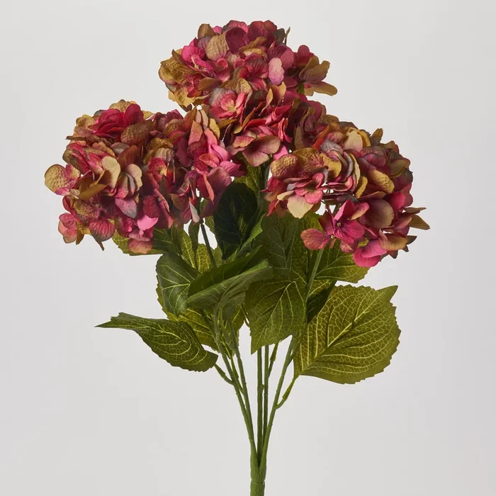Dried Look Dark Rose Silk Hydrangea Blooms Faux Bush Stem Bouquet – 21″