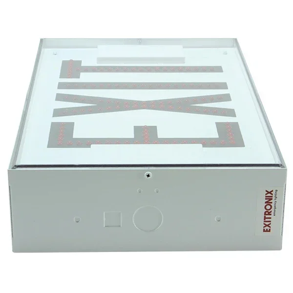 Exitronix Steel Direct View LED Exit Sign Single Face Red LED’s 2 Circuit Input 120/120V White Enclosure White Face/Red Letters Downlight Tamper Resistant Hardware (502E-2CI1-WH-C6-DL-DR-TRH)