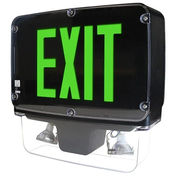 Exitronix Wet Location NEMA 4X Polycarbonate Exit Combination NSF Rated Double-Face Green Legend 12V 12W Black Finish Self-Test/Self-Diagnostics (NXFC-2-G-12-12-BL-CL-G2)