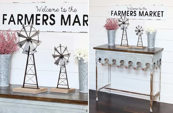 Galvanized Metal and Wood Windmill Sculpture Set Of 2 | Industrial Farmhouse – Decor Steals