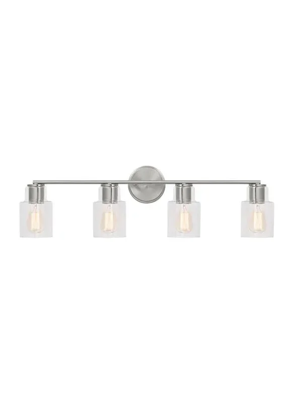 Generation Lighting Sayward Transitional 4-Light Bath Vanity Wall Sconce In Brushed Steel Silver Finish With Clear Glass Shades (DJV1004BS)