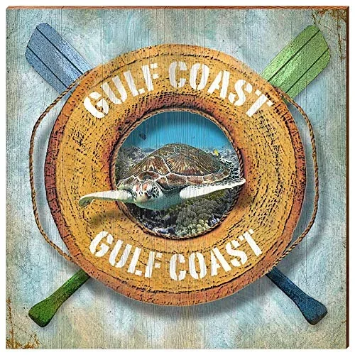 Gulf Coast Life Ring with Turtle Home Decor Art Print on Real Wood