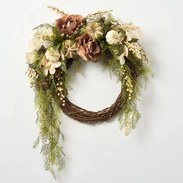 Harvest Bounty – Cream & Green Pumpkins with Autumn Cabbage Head Front Door Fall Wreath