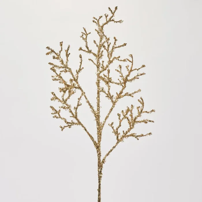 Iced Gold Glitter & Faux Beaded Crystal Plastic Twig Branch Spray – 32″
