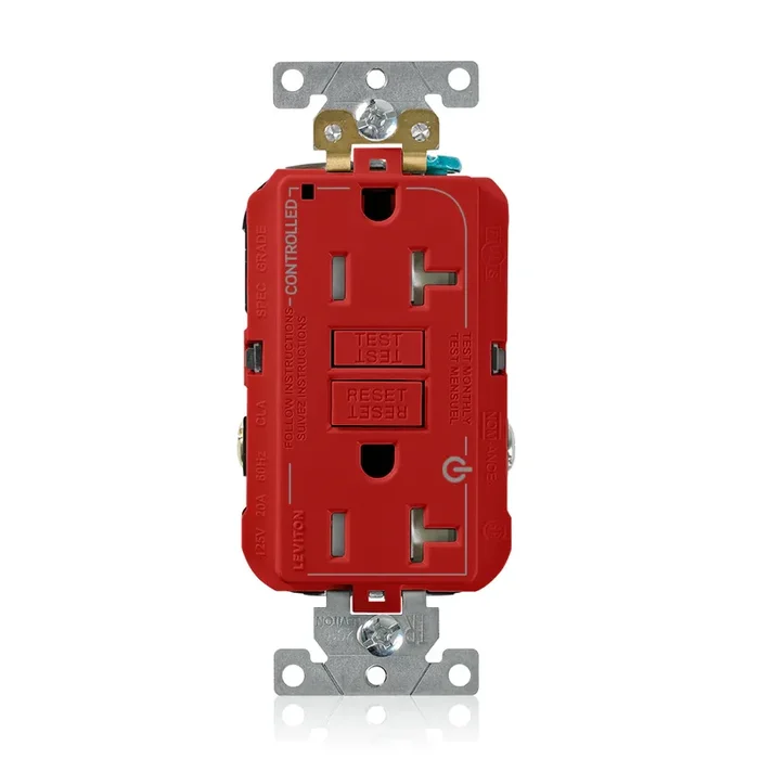 Leviton Red 2 Plug Marked Controlled SmartlockPro GFCI Decora Duplex Receptacle Outlet Extra Heavy Duty Tamper-Resistant 20A 125V Back Or Side Wire (G5362-2TR)