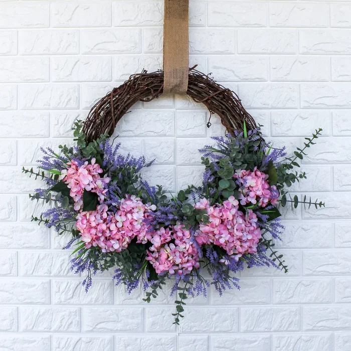 Light Pink Hydrangea, Lavender & Eucalyptus Asymmetrical Everyday Spring Front Door Wreath 22″
