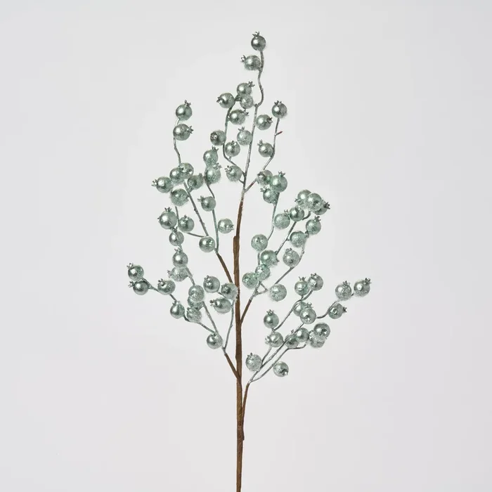 Metallic Silver Blue Tinsel Waterproof Berry Branch Spray – 26″