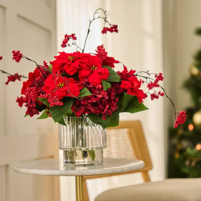 Red Ruby Noel – Lifelike Mini Poinsettia, Burgundy Hydrangea & Winterberry Branch in Rigid Glass Vase Christmas Centerpiece Water Illusion Arrangement