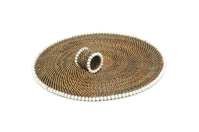 Round Placemat and Napkin Ring with White Wood Beads – Set of 4 by Cal