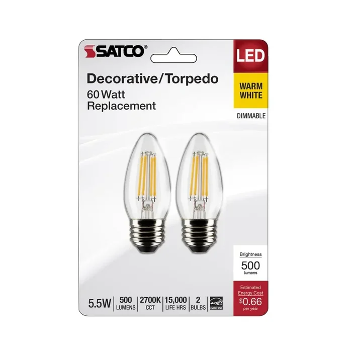 SATCO/NUVO 5.5W B11 LED Clear Medium Base 2700K 500Lm 120V 2–Pack (S21837)