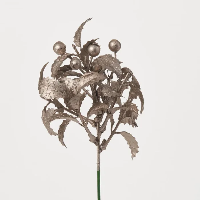 Shiny Matte Silver Holly Leaf Branch Faux Holiday Winter Foliage Pick Spray – 8″