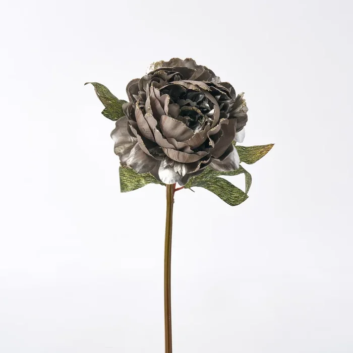 Silver Holiday Peony with Glittered Edges and Green Metallic Leaves – 24″