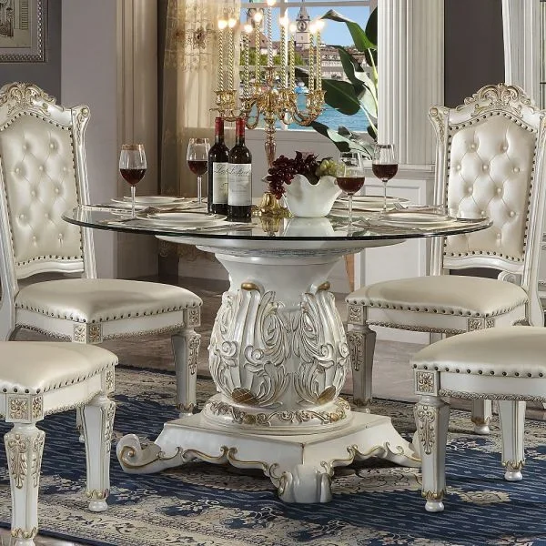 Vendome Round Dining Table With Pedestal Base in Antique Pearl Finish DN01524 By ACME