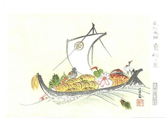 Woodblock print “Treasure Ship (Good Luck Bringer)” by Ogata Korin Published by UNSODO